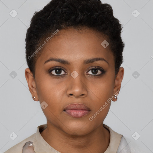 Neutral black young-adult female with short  brown hair and brown eyes