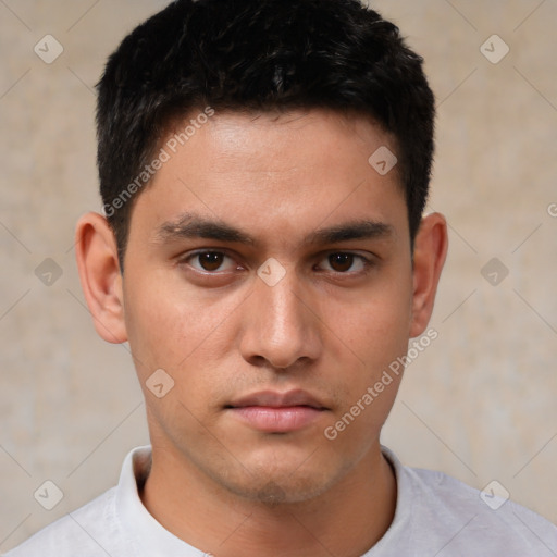 Neutral white young-adult male with short  brown hair and brown eyes