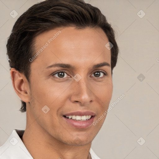 Joyful white young-adult female with short  brown hair and brown eyes