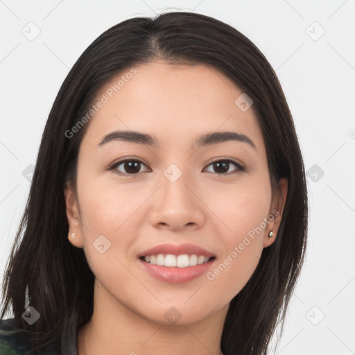 Joyful white young-adult female with long  brown hair and brown eyes