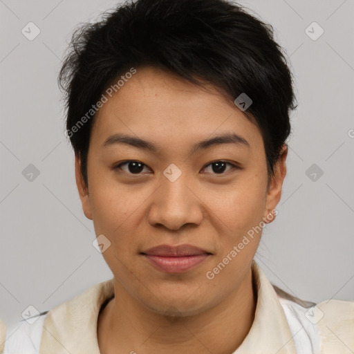 Joyful asian young-adult female with short  brown hair and brown eyes