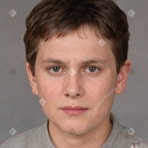 Neutral white young-adult male with short  brown hair and grey eyes