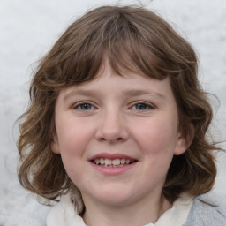 Joyful white child female with medium  brown hair and grey eyes