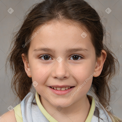 Joyful white child female with medium  brown hair and brown eyes