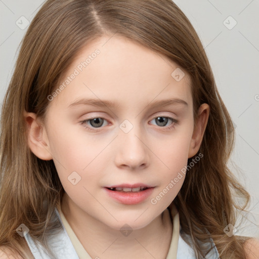 Joyful white child female with medium  brown hair and brown eyes