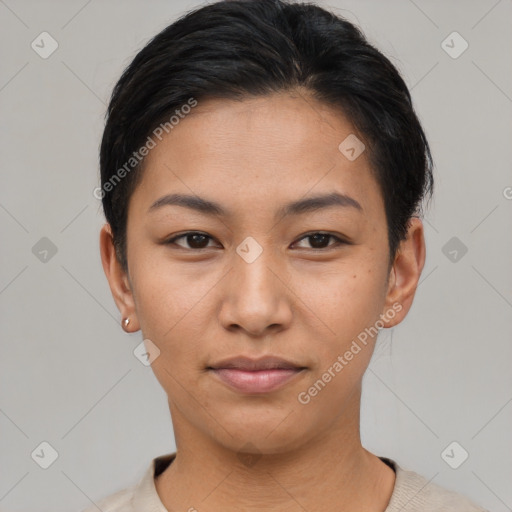 Neutral asian young-adult female with short  brown hair and brown eyes