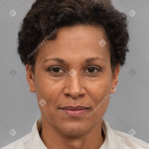 Joyful white adult female with short  brown hair and brown eyes