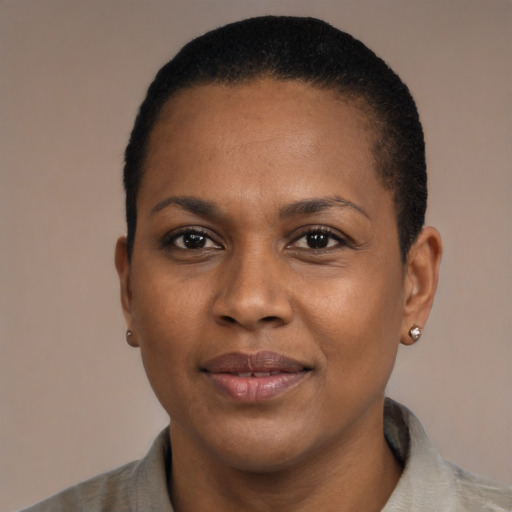 Joyful black adult female with short  black hair and brown eyes