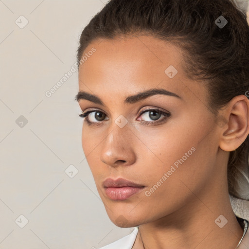 Neutral white young-adult female with short  brown hair and brown eyes