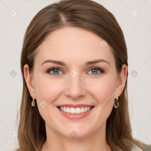 Joyful white young-adult female with long  brown hair and grey eyes