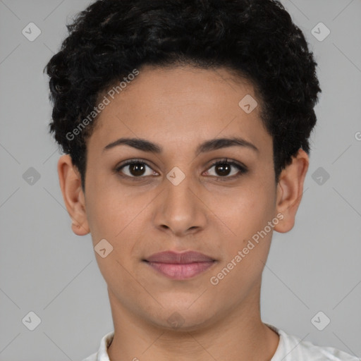 Joyful latino young-adult female with short  brown hair and brown eyes