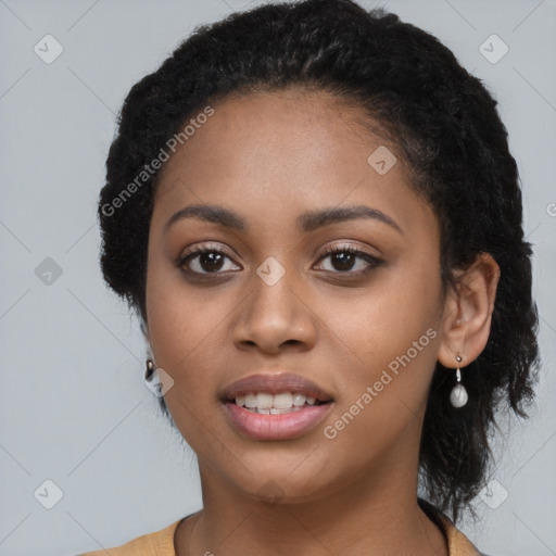 Joyful black young-adult female with long  black hair and brown eyes