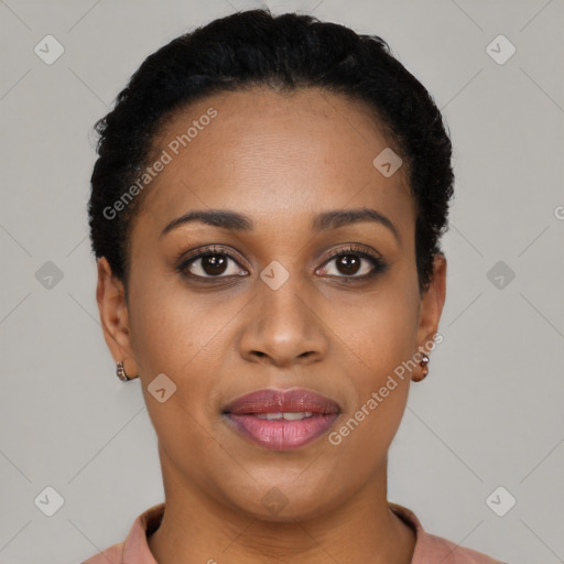 Joyful latino young-adult female with short  black hair and brown eyes