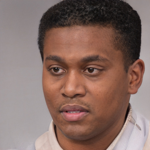 Neutral black young-adult male with short  black hair and brown eyes