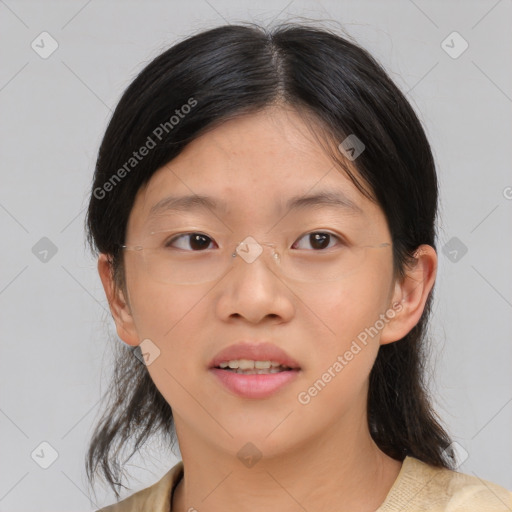 Neutral asian young-adult female with medium  brown hair and brown eyes