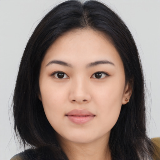 Neutral asian young-adult female with long  black hair and brown eyes