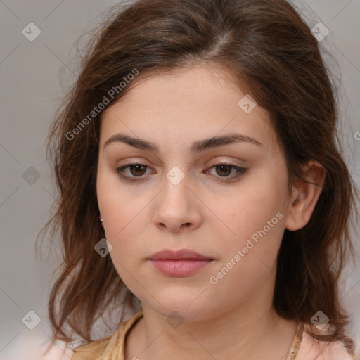 Neutral white young-adult female with medium  brown hair and brown eyes