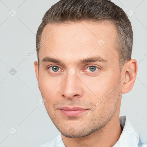 Neutral white young-adult male with short  brown hair and brown eyes