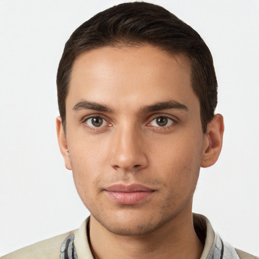 Neutral white young-adult male with short  brown hair and brown eyes