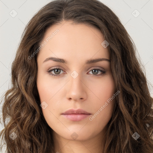 Neutral white young-adult female with long  brown hair and brown eyes