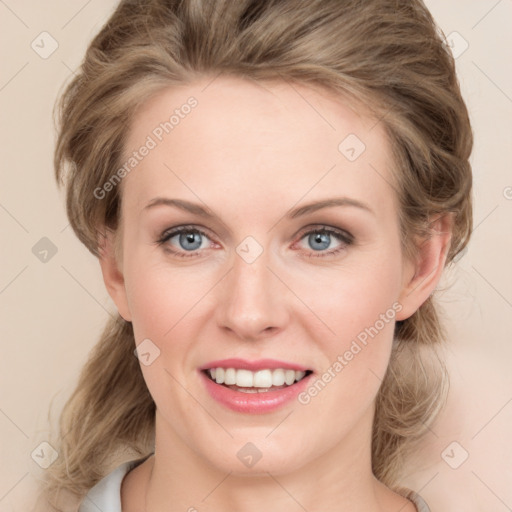 Joyful white young-adult female with medium  brown hair and green eyes