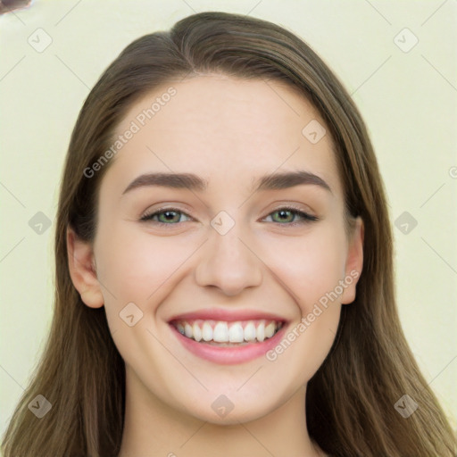 Joyful white young-adult female with long  brown hair and green eyes