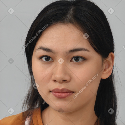 Neutral asian young-adult female with medium  brown hair and brown eyes