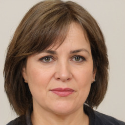 Joyful white adult female with medium  brown hair and grey eyes