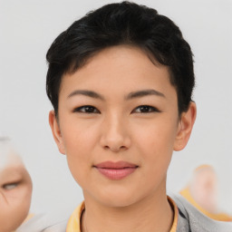 Joyful asian young-adult female with short  brown hair and brown eyes