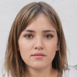 Neutral white young-adult female with medium  brown hair and grey eyes