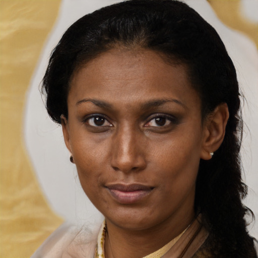 Neutral black young-adult female with short  brown hair and brown eyes