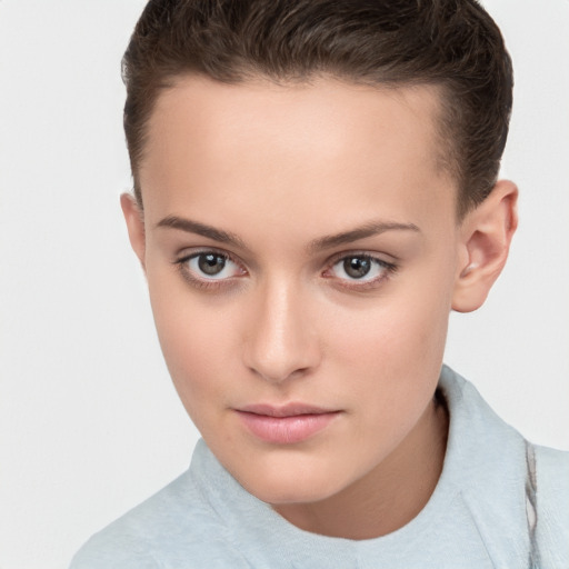 Neutral white young-adult female with short  brown hair and brown eyes