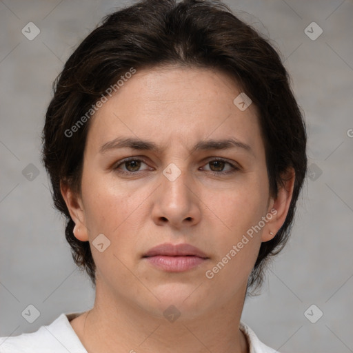 Neutral white young-adult female with medium  brown hair and brown eyes