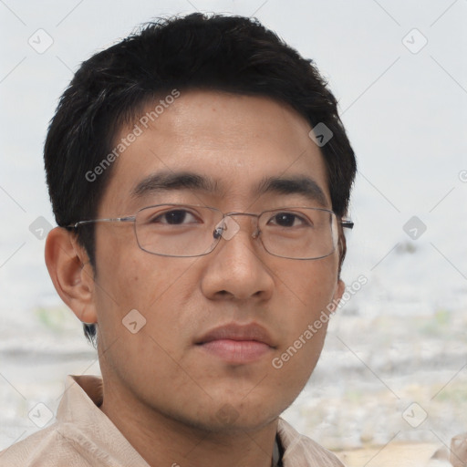 Neutral asian young-adult male with short  brown hair and brown eyes