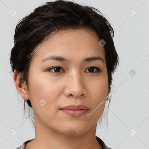 Neutral asian young-adult female with medium  brown hair and brown eyes