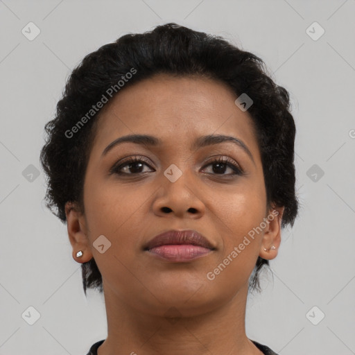 Neutral black young-adult female with short  brown hair and brown eyes