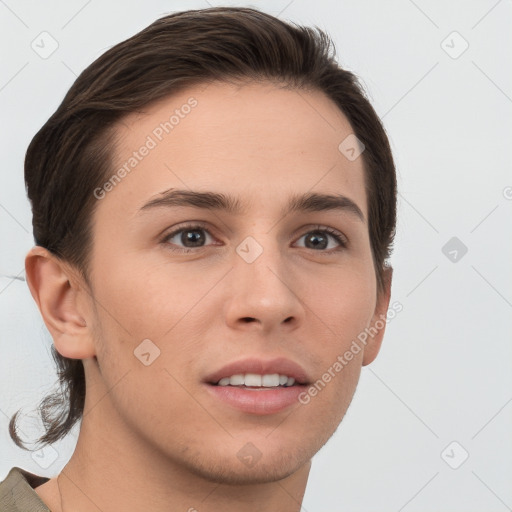 Joyful white young-adult female with short  brown hair and grey eyes