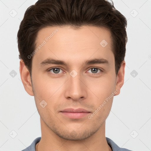 Neutral white young-adult male with short  brown hair and brown eyes