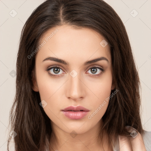 Neutral white young-adult female with long  brown hair and brown eyes