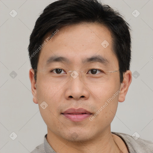 Neutral asian young-adult male with short  black hair and brown eyes