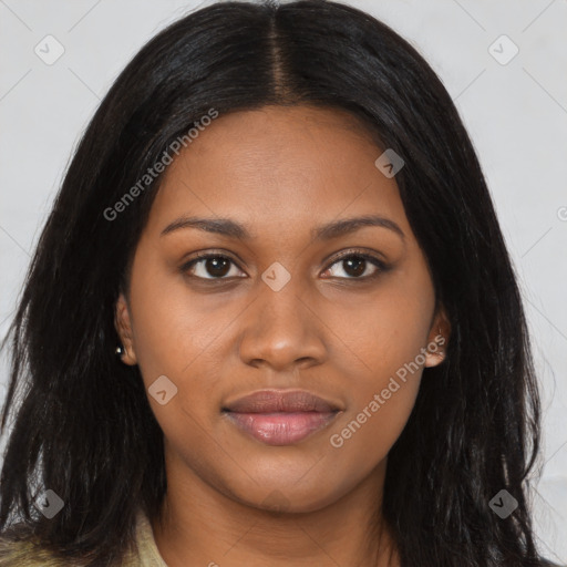 Joyful black young-adult female with long  brown hair and brown eyes