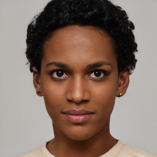 Neutral black young-adult female with short  black hair and brown eyes