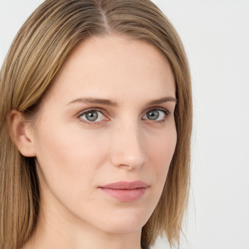 Neutral white young-adult female with long  brown hair and grey eyes