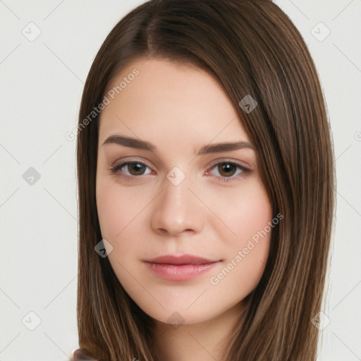 Neutral white young-adult female with long  brown hair and brown eyes