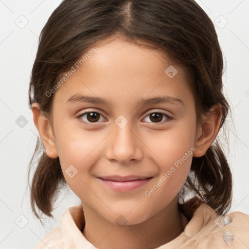 Joyful white child female with medium  brown hair and brown eyes