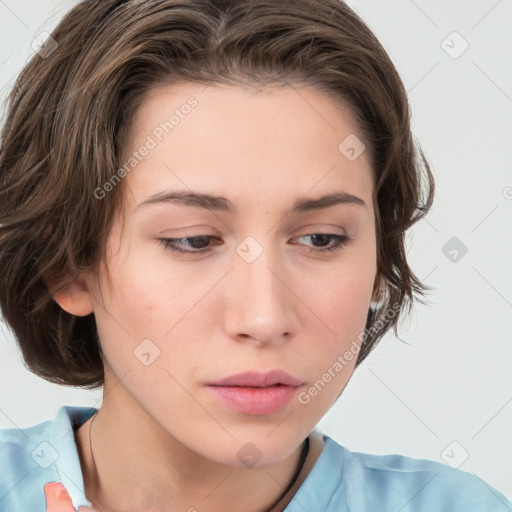 Neutral white young-adult female with medium  brown hair and brown eyes