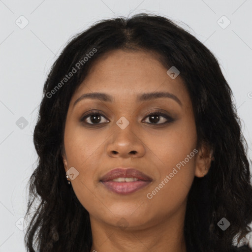 Joyful asian young-adult female with long  brown hair and brown eyes