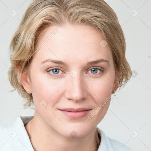 Joyful white young-adult female with medium  brown hair and blue eyes