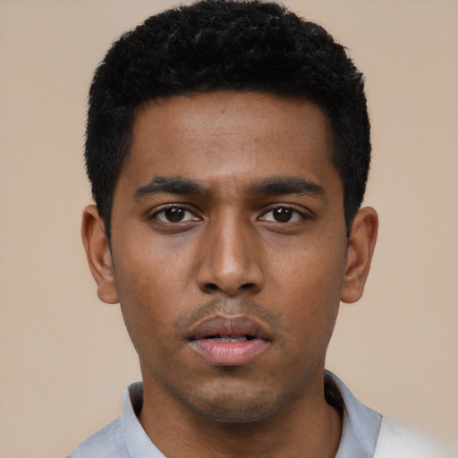Neutral black young-adult male with short  black hair and brown eyes