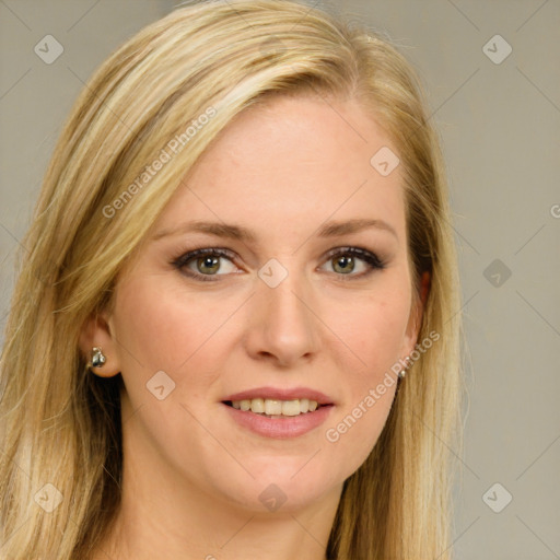 Joyful white young-adult female with long  brown hair and green eyes